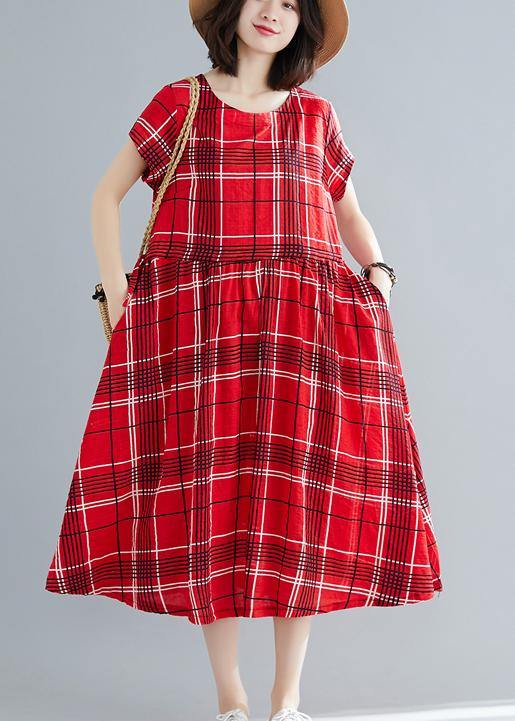 French red plaid linen cotton quilting clothes big hem Dresses summer Dresses - bagstylebliss