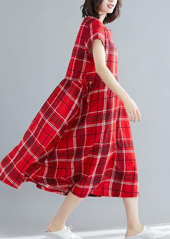 French red plaid linen cotton quilting clothes big hem Dresses summer Dresses - bagstylebliss