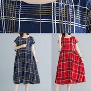 French red plaid linen cotton quilting clothes big hem Dresses summer Dresses - bagstylebliss