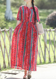 French red print linen Wardrobes Pakistani Shape v neck Art summer Dress - bagstylebliss