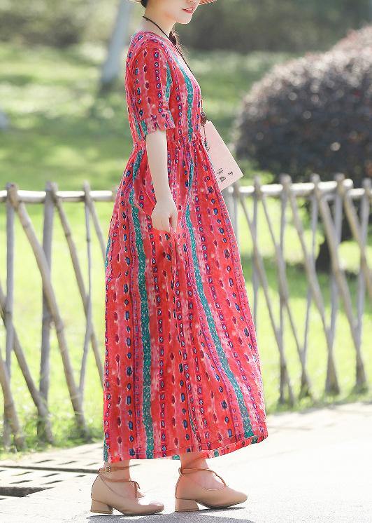 French red print linen Wardrobes Pakistani Shape v neck Art summer Dress - bagstylebliss