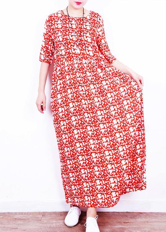 French red print linen Wardrobes o neck Cinched Art summer Dresses - bagstylebliss