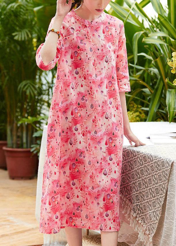 French red print linen Wardrobes stand collar patchwork Robe summer Dresses - bagstylebliss