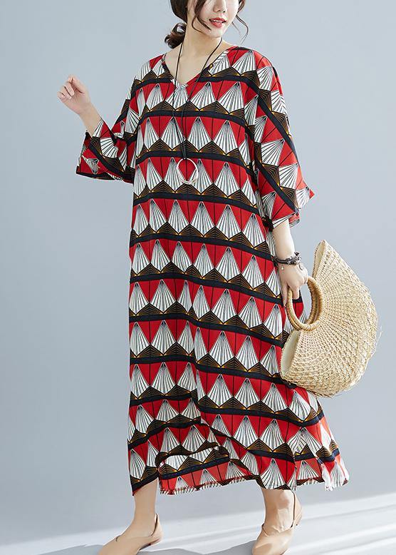 French red prints cotton tunic pattern Mom Photography v neck Traveling summer Dresses - bagstylebliss
