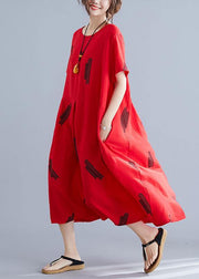 French red prints linen dresses Cinched Maxi summer Dress - bagstylebliss