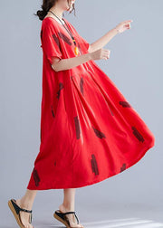 French red prints linen dresses Cinched Maxi summer Dress - bagstylebliss