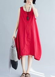 French red sleeveless linen clothes loose waist loose summer Dresses - bagstylebliss