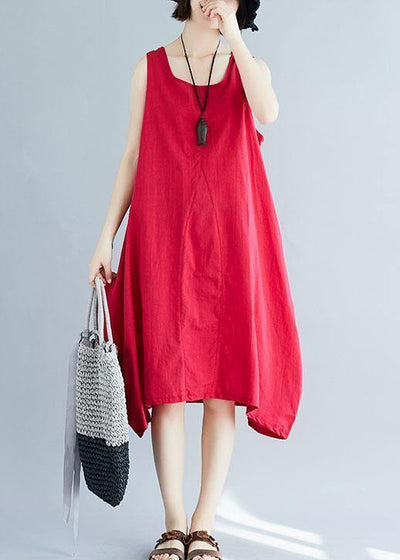 French red sleeveless linen clothes loose waist loose summer Dresses - bagstylebliss