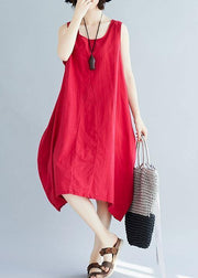 French red sleeveless linen clothes loose waist loose summer Dresses - bagstylebliss