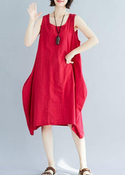 French red sleeveless linen clothes loose waist loose summer Dresses - bagstylebliss