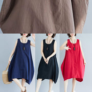 French red sleeveless linen clothes loose waist loose summer Dresses - bagstylebliss