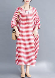 French red white plaid cotton linen plus size Photography Maxi summer Dresses - bagstylebliss