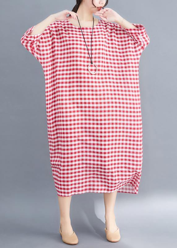 French red white plaid cotton linen plus size Photography Maxi summer Dresses - bagstylebliss