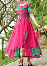 French rose print cotton quilting clothes o neck patchwork tulle long summer Dress - bagstylebliss