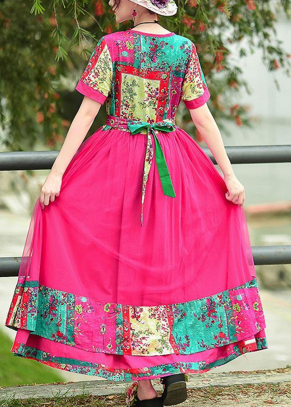 French rose print cotton quilting clothes o neck patchwork tulle long summer Dress - bagstylebliss