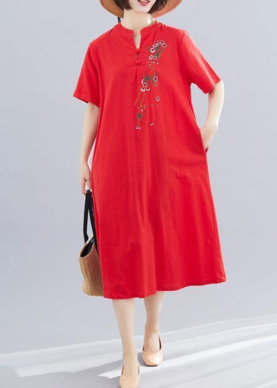 French short cotton Tunic Outfits red long Dresses summer - bagstylebliss