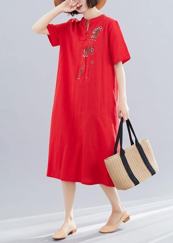 French short cotton Tunic Outfits red long Dresses summer - bagstylebliss