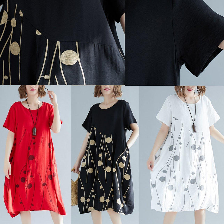 French short sleeve cotton linen Tunics Fabrics black print Dresses summer - bagstylebliss