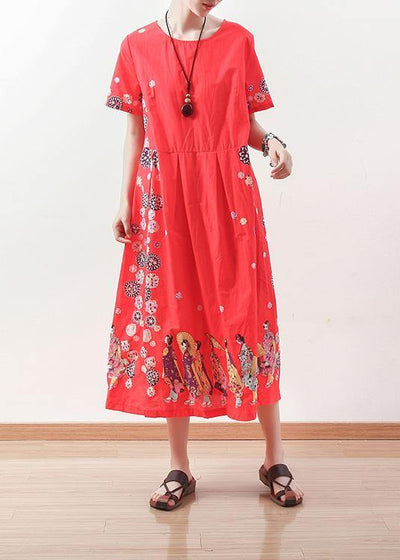 French short sleeve linen Long Shirts Shape red o neck Dress summer - bagstylebliss