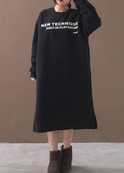 French side open cotton alphabet prints clothes Women Catwalk black winter cotton Dresses - bagstylebliss