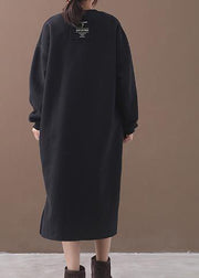 French side open cotton alphabet prints clothes Women Catwalk black winter cotton Dresses - bagstylebliss