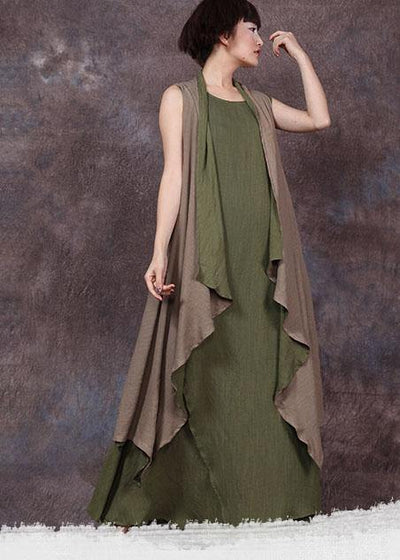 French sleeveless linen Long Shirts Runway green outwear summer - bagstylebliss