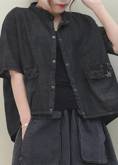 French stand colla pockets cotton Shirts Work denim black shirt - bagstylebliss