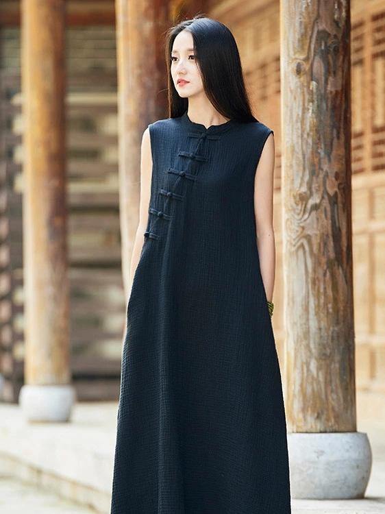 French stand collar Chinese Button cotton linen summer dress Neckline black Dress - bagstylebliss