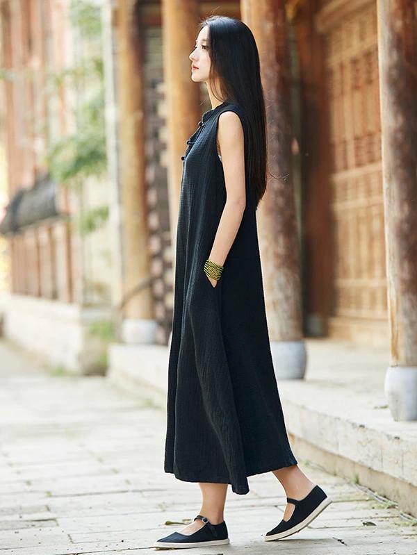 French stand collar Chinese Button cotton linen summer dress Neckline black Dress - bagstylebliss