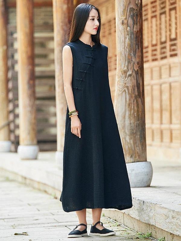 French stand collar Chinese Button cotton linen summer dress Neckline black Dress - bagstylebliss