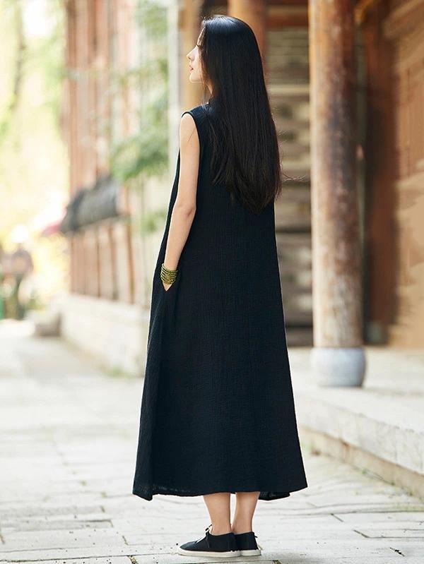 French stand collar Chinese Button cotton linen summer dress Neckline black Dress - bagstylebliss