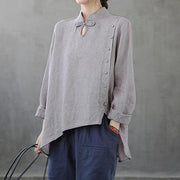 French stand collar asymmetric tops women Cotton gray shirts - bagstylebliss