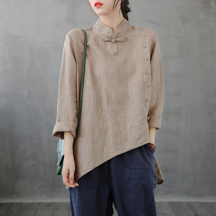 French stand collar asymmetric tops women Cotton gray shirts - bagstylebliss