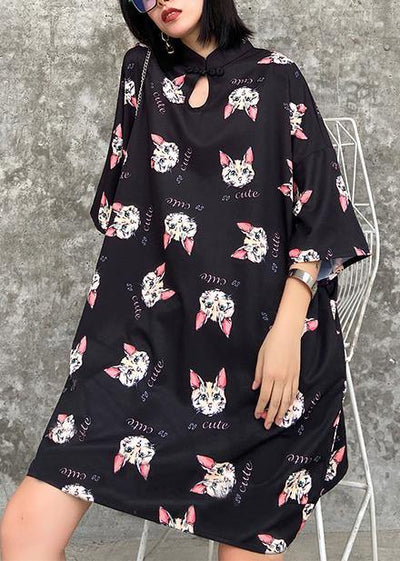 French stand collar outfit Photography black Kitten pattern Dresses - bagstylebliss