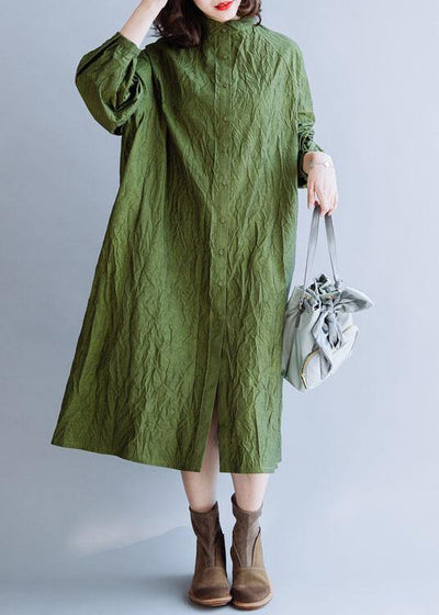 French stand collar Cinched cotton tunics for women Outfits green Dress fall - bagstylebliss