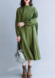 French stand collar Cinched cotton tunics for women Outfits green Dress fall - bagstylebliss