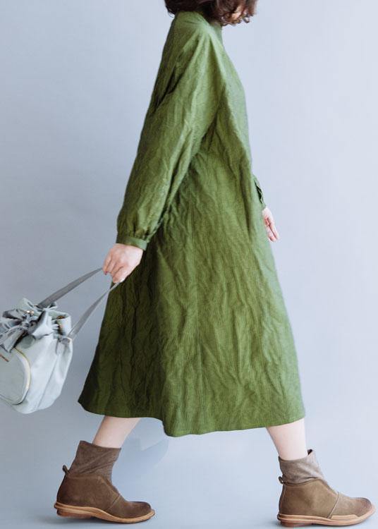 French stand collar Cinched cotton tunics for women Outfits green Dress fall - bagstylebliss