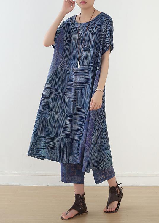 French two pieces linen clothes Shape blue asymmetric striped straight pants summer - bagstylebliss