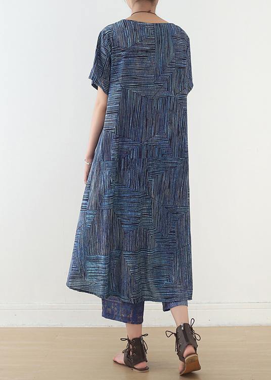 French two pieces linen clothes Shape blue asymmetric striped straight pants summer - bagstylebliss