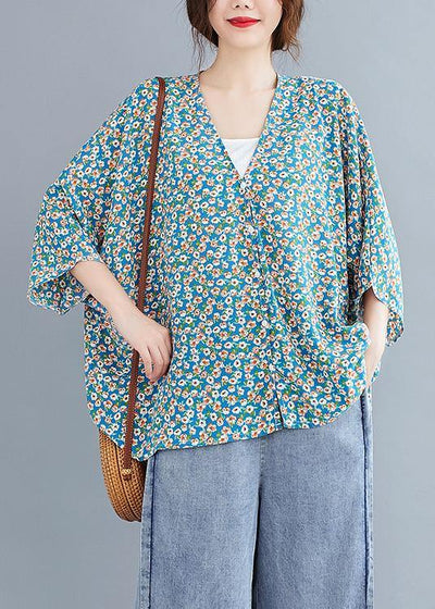 French v neck Batwing Sleeve Blouse Shirts blue floral blouse - bagstylebliss