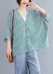 French v neck Batwing Sleeve Blouse Shirts blue floral blouse - bagstylebliss