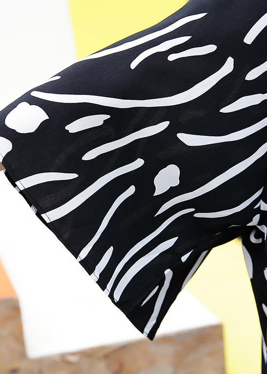 French v neck Cotton Tunics pattern black striped Dresses summer - bagstylebliss