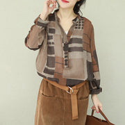 French V Neck Chiffon Shirts Women Women Photography Brown Plaid Box Shirt