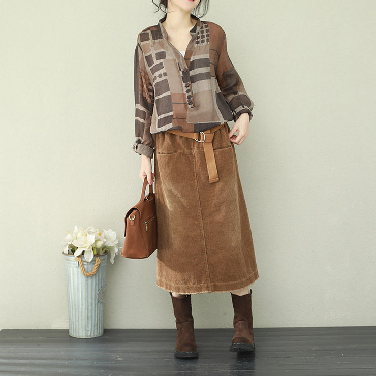 French V Neck Chiffon Shirts Women Women Photography Brown Plaid Box Shirt