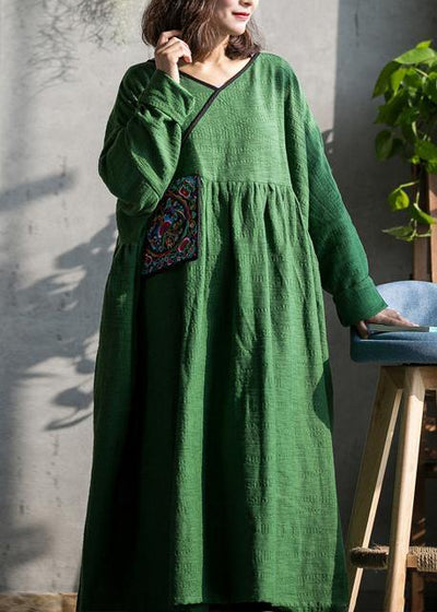 2021 French Green v neck embroidery cotton linen Dress summer - bagstylebliss