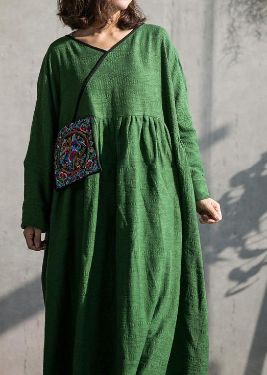 2021 French Green v neck embroidery cotton linen Dress summer - bagstylebliss