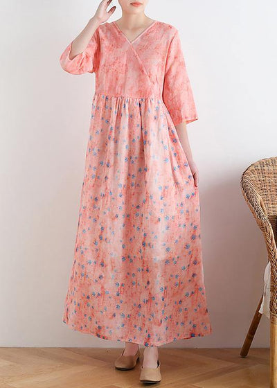 French v neck half sleeve linen summer clothes For Women pink floral Dresses - bagstylebliss