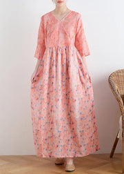 French v neck half sleeve linen summer clothes For Women pink floral Dresses - bagstylebliss