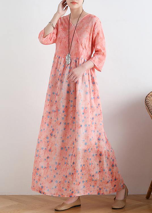 French v neck half sleeve linen summer clothes For Women pink floral Dresses - bagstylebliss