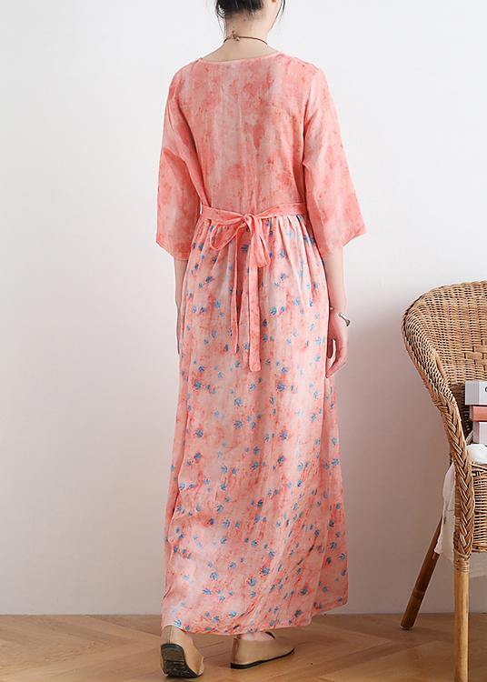 French v neck half sleeve linen summer clothes For Women pink floral Dresses - bagstylebliss